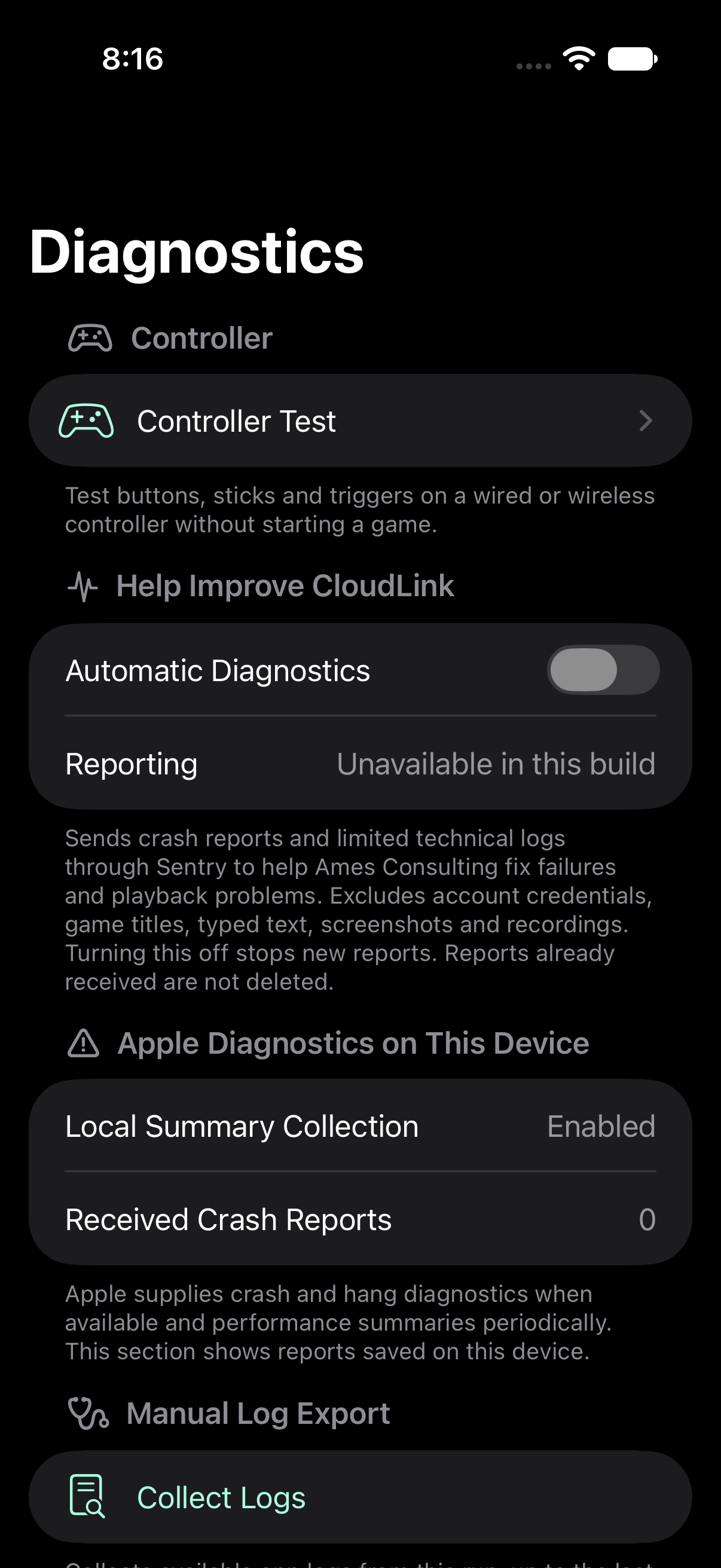 CloudLink Diagnostics settings with Controller Test, reporting availability, local summaries and manual log collection.
