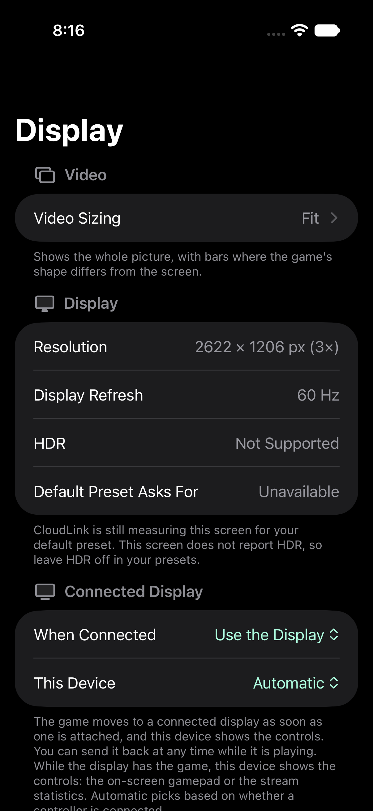 CloudLink Display settings with video sizing, display information and connected-display routing choices.