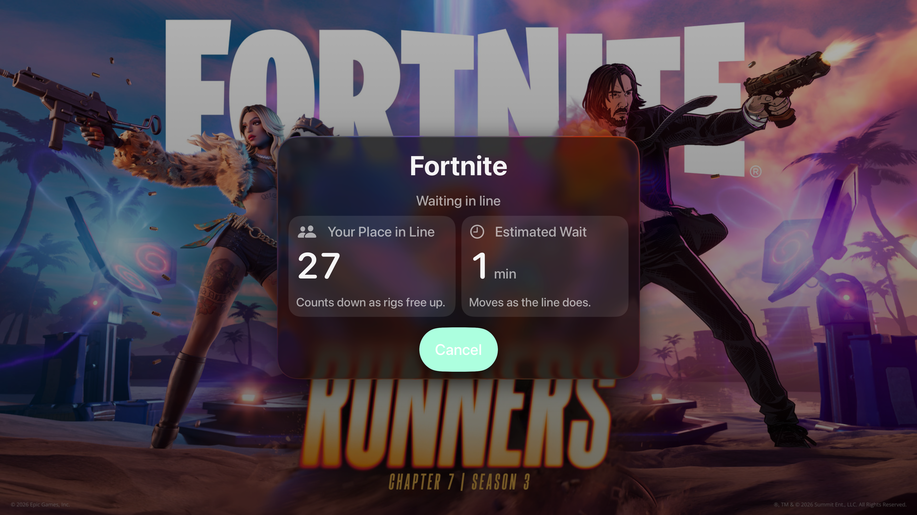 Apple TV development fixture showing Fortnite artwork behind a waiting screen with a sample queue position and estimated wait.
