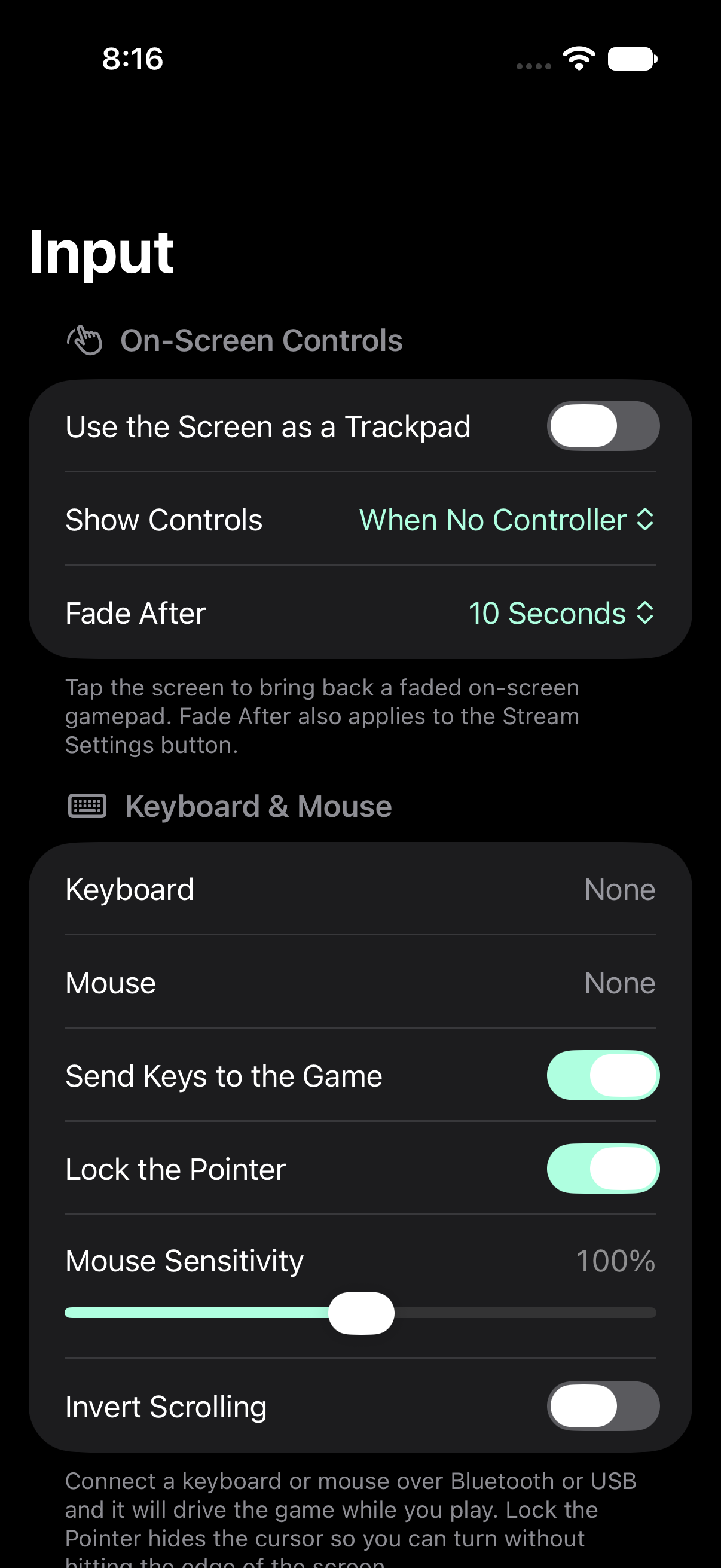CloudLink Input settings for on-screen controls, trackpad visibility, keyboard and mouse choices.