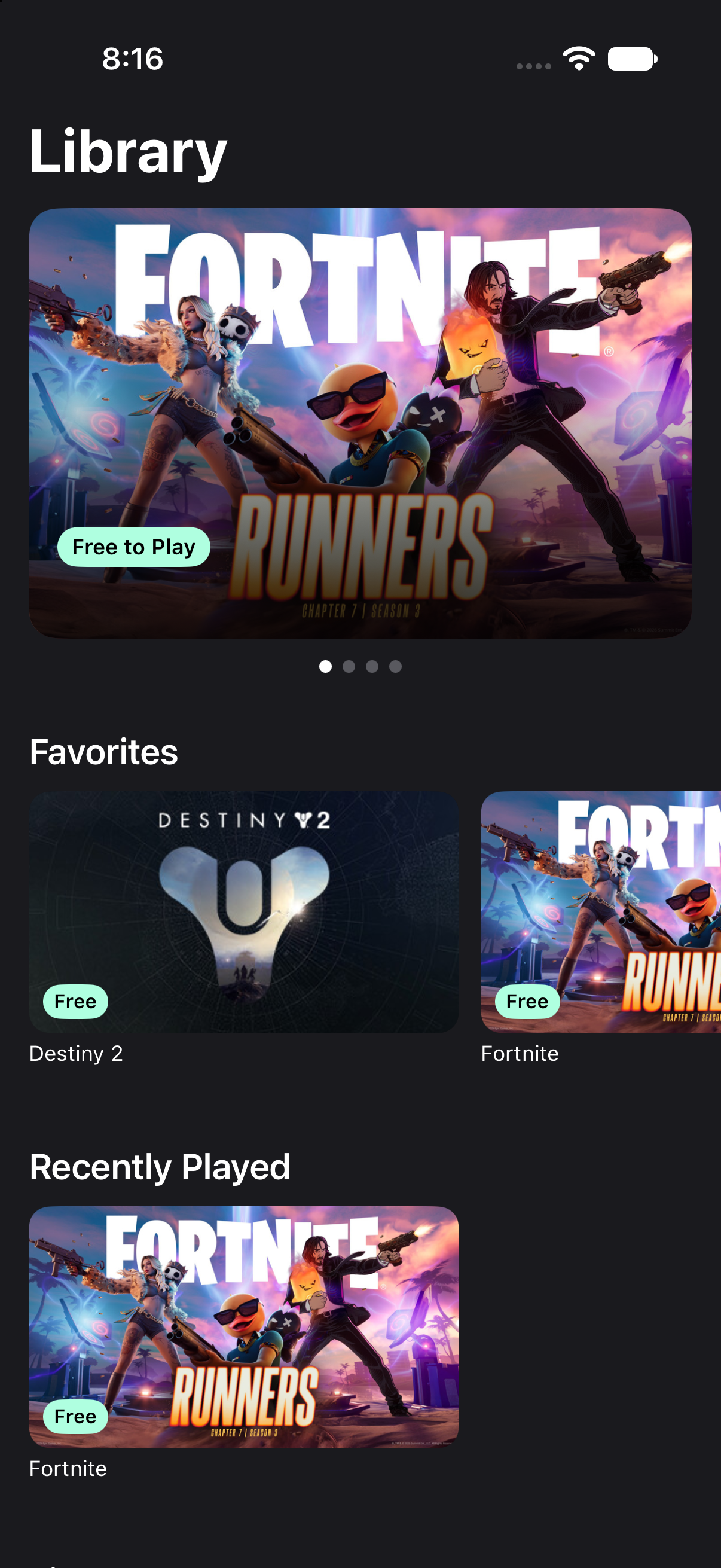 CloudLink Library development screen with Fortnite artwork, Favorites and Recently Played shelves.