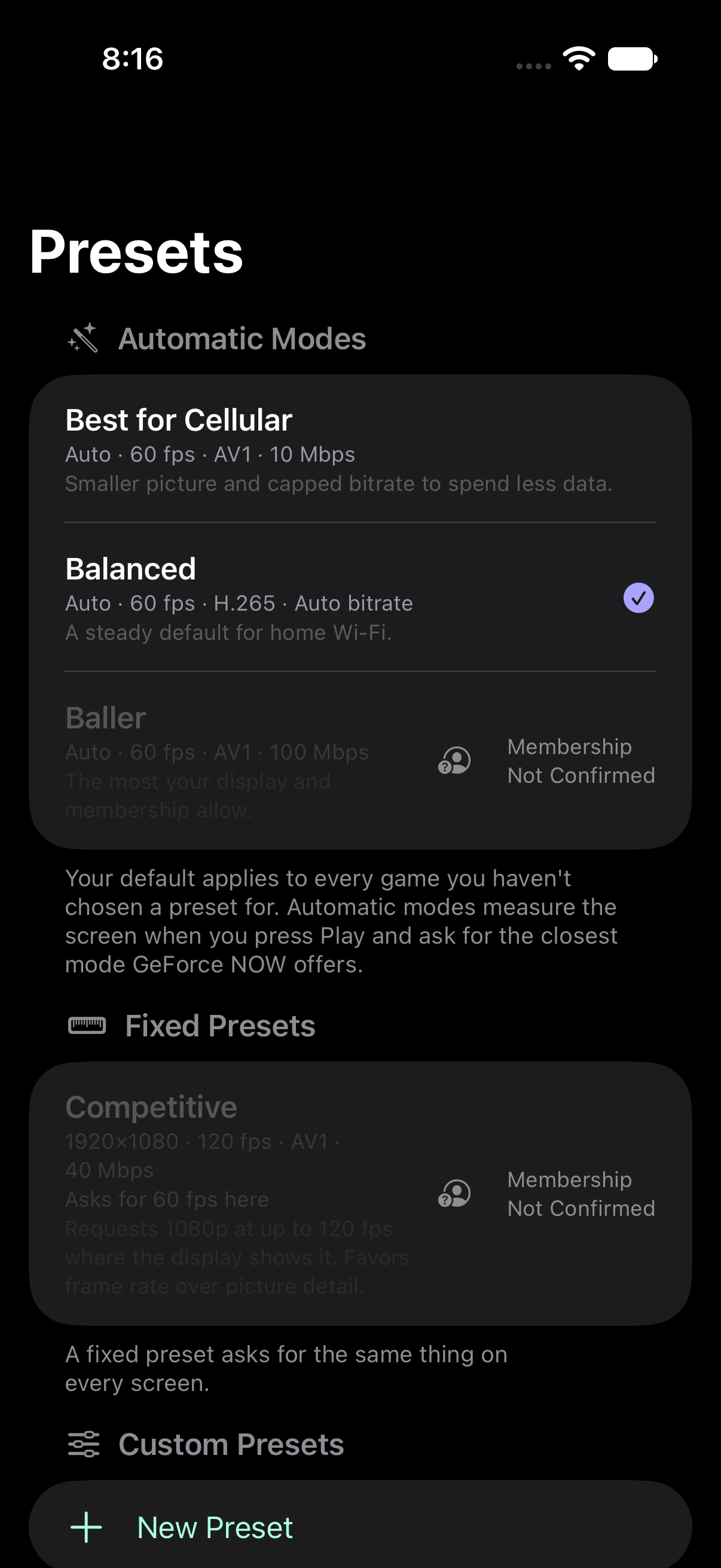 Presets development screen with automatic modes, Balanced selected, the fixed Competitive preset and New Preset.